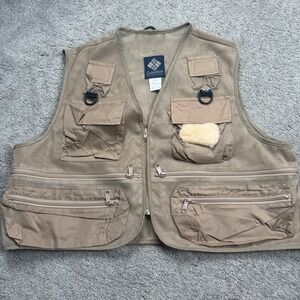 Vintage Columbia Fly Fishing Vest Men's XL Tan Multi Pockets Mesh
